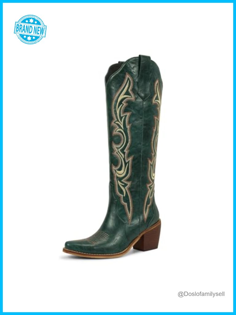 Vintage Knee High Cowboy Boots W/ Chunky Heel, Side Zipper & Pull Tab